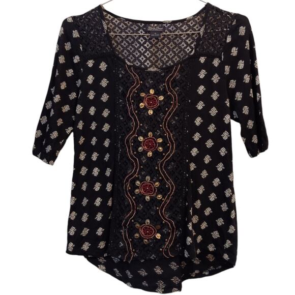 LUCKY BRAND Blouse Top M Crochet Lace‎ Embroidery Boho Romantic Festival Floral - Picture 1 of 9